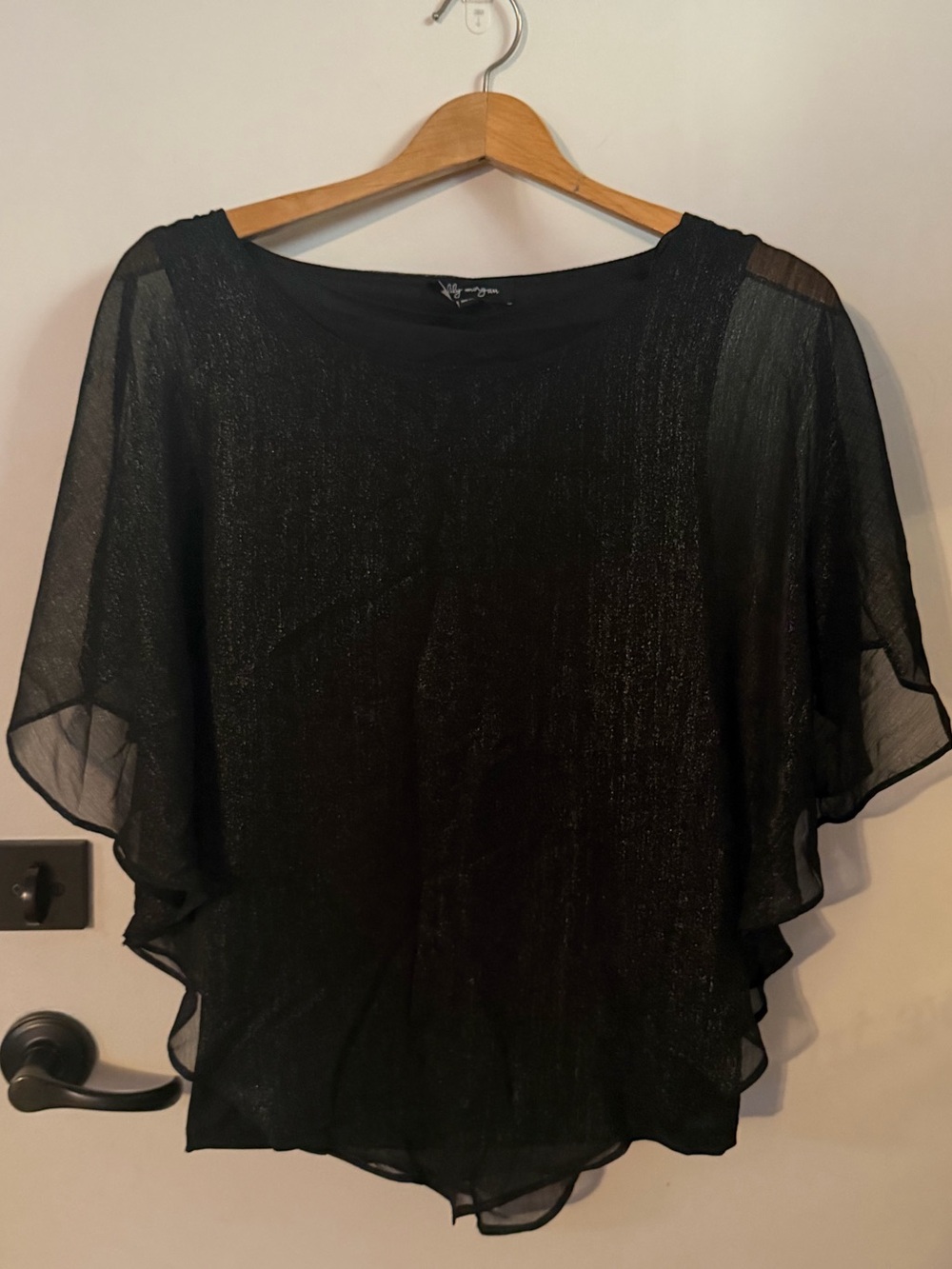 Black and Silver Thread Sheer Flutter Sleeve Women's Top with Sewn in Black Tank